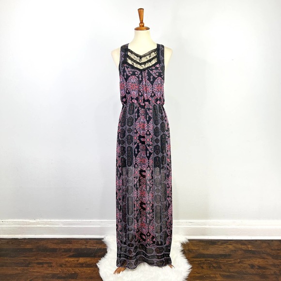 Free People black boho moroccan maxi dress lace high slit front panel Size Small - Picture 8 of 8